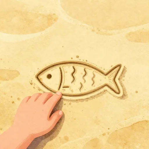Une illustration d'un doigt dessinant un symbole de poisson dans le sable.