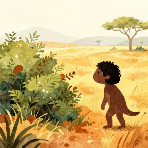 Une illustration d'une personne préhistorique dans la savane, représentant l'origine de la pensée rapide.