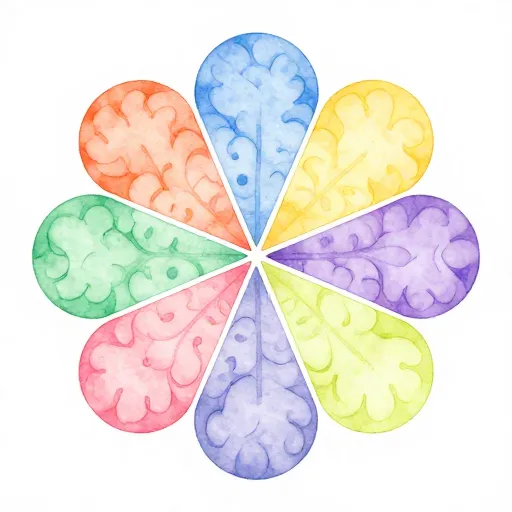 Un diagramme géométrique coloré représentant les nombreux biais cognitifs différents.