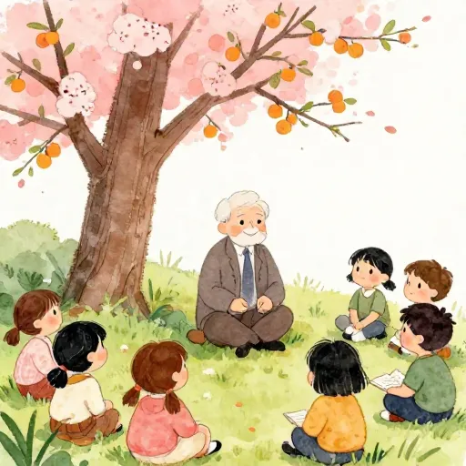 An illustration of Confucius teaching his students under a tree.