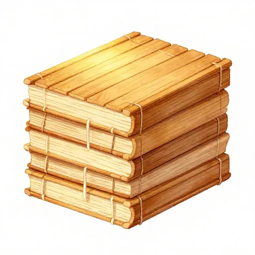 A stack of ancient bamboo books used for studying.