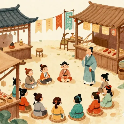 An ancient Chinese market scene with a group of people learning from a teacher.