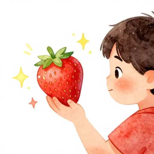 A child looking at a strawberry, representing the personal experience of taste.