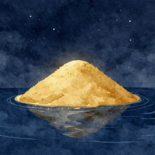 A golden sand mound rising from dark blue water under stars.