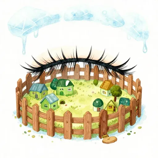 A symbolic fence made of giant eyelashes protecting a village.