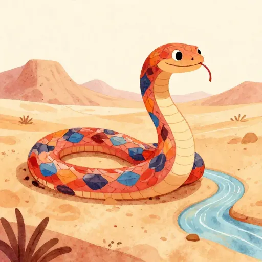 A colorful serpent carving a river through a desert.