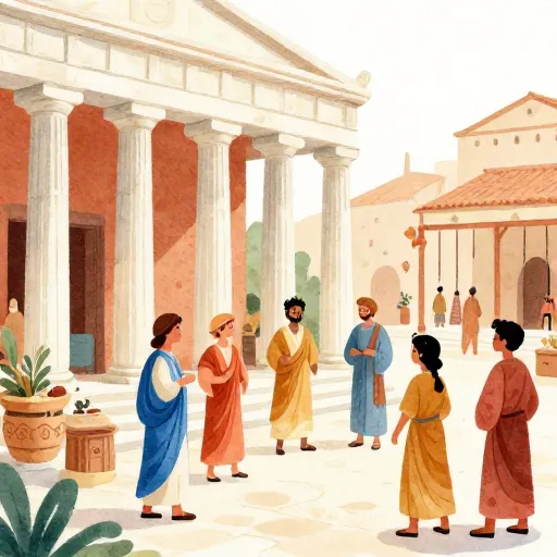 A bustling ancient Greek marketplace with people talking and stalls under a bright blue sky.