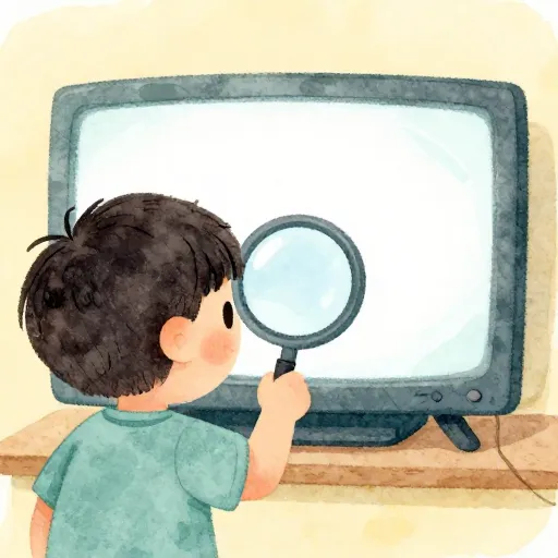 A child investigating a TV screen with a magnifying glass.
