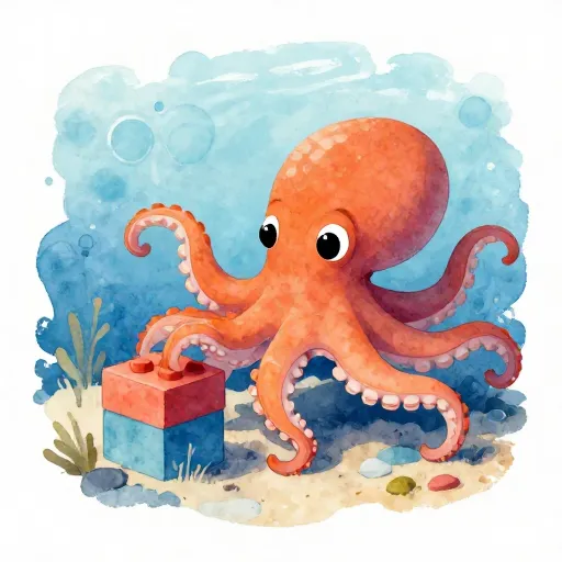 An octopus exploring a toy block underwater