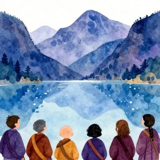 Monks standing by a sacred mountain lake looking for visions.