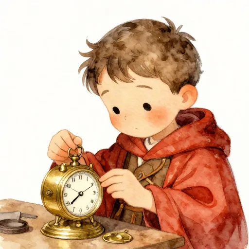 A young monk looking at the gears inside a clock.