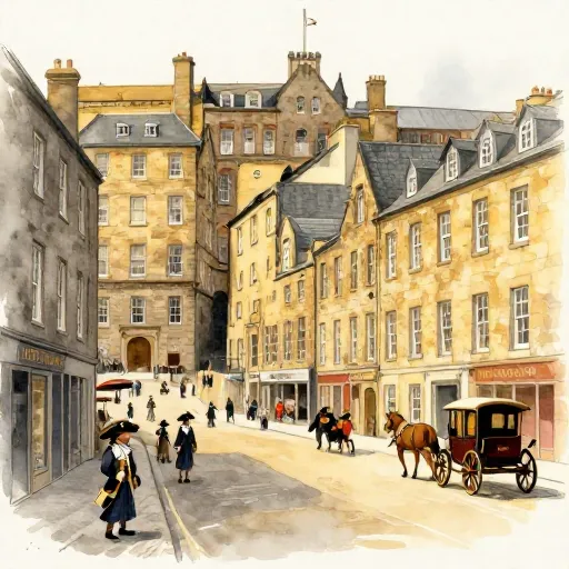 A watercolor illustration of old Edinburgh streets with tall buildings and people in historical clothing.