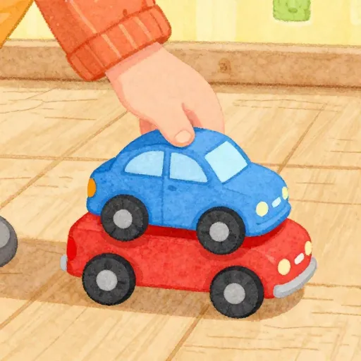 A watercolor of a child playing with toy cars, demonstrating cause and effect.