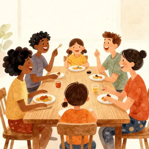 A watercolor of people sharing a meal and laughing together.