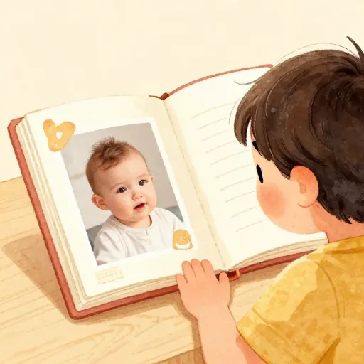 A watercolor of a child reflecting on an old photograph.