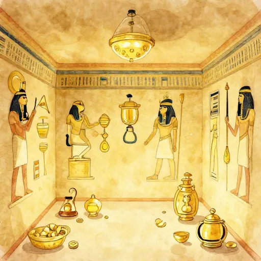 An ancient Egyptian tomb filled with golden artifacts and colorful wall art.