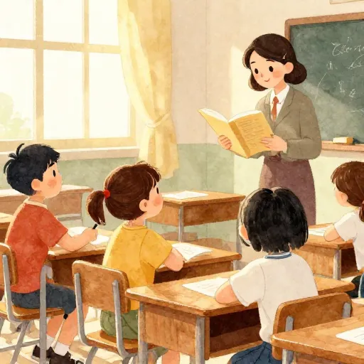 A vintage classroom scene with a teacher and students.