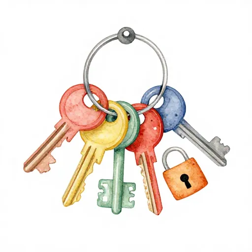 A ring of colorful, whimsical keys.