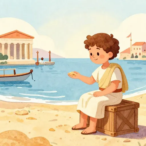 An ancient Greek philosopher looking at sand in a sunny harbor.