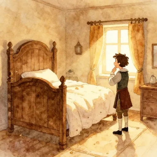 Illustration of Descartes thinking in his bed.