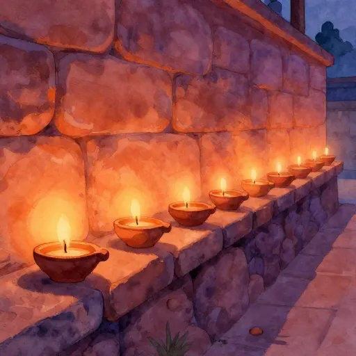 Une rangée de lampes en argile rougeoyantes sur un mur.