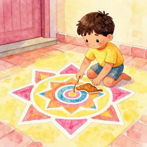 Un enfant créant un motif de Rangoli coloré.