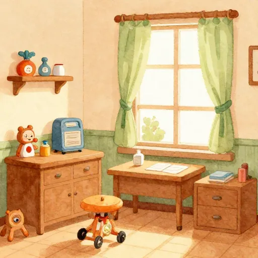 A cozy, vintage-style doctor's office filled with simple toys and a calm atmosphere.