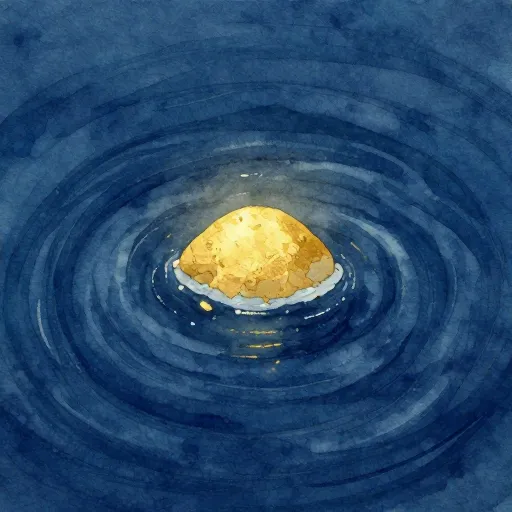 A golden mound of earth rising from a dark, swirling sea.