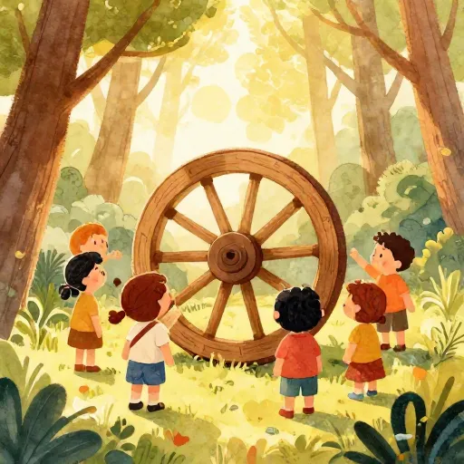 Children examining an eight-spoked wheel in a peaceful setting.