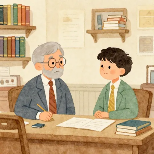 Two people in an office filled with books, having a deep conversation.