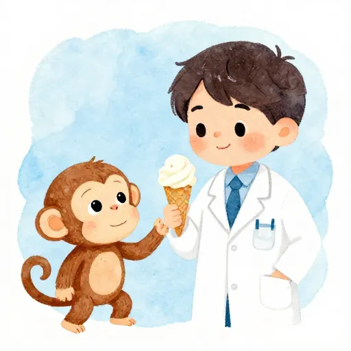 A scientist and a monkey in a lab with an ice cream cone.