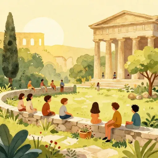 Un jardin grec antique paisible avec des gens discutant sous les arbres.