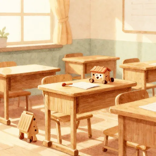 Une salle de classe vintage et confortable avec des cubes en bois et de la lumière du soleil.