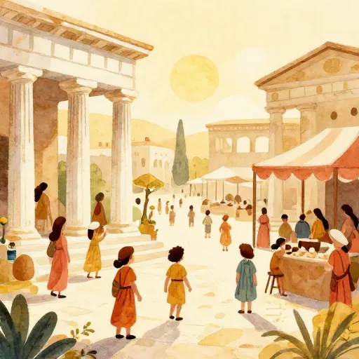 Une aquarelle vibrante d'un marché grec antique sous un ciel bleu éclatant.