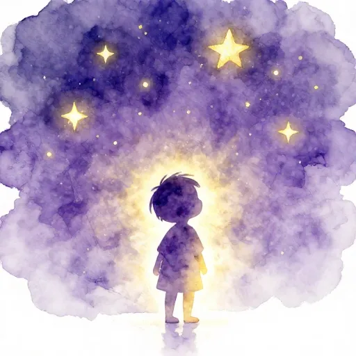 A child looking at stars with a glowing light inside their chest.