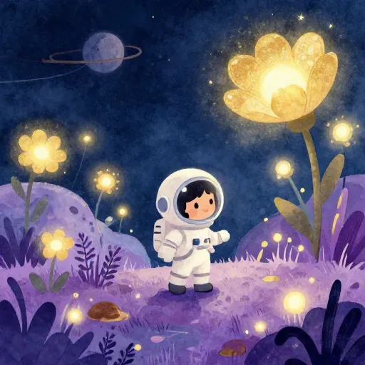 A child explorer looking out over a vast, colorful alien landscape.