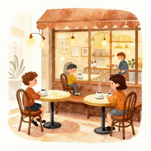 A cozy, sunlit French cafe with books and coffee on a table.