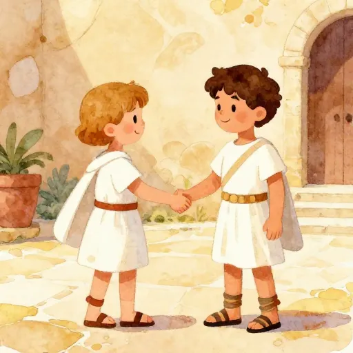Deux personnes vêtues de vêtements romains se serrant la main dans une cour en marbre.