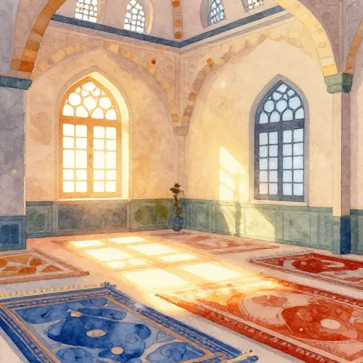The sun-drenched interior of a peaceful mosque.