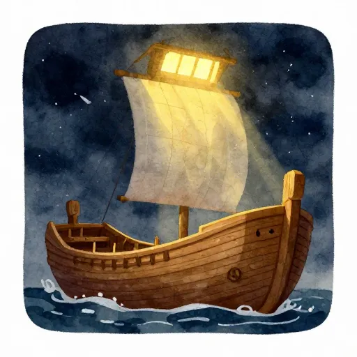 An ancient wooden ark floating on dark blue waves under a stormy sky.