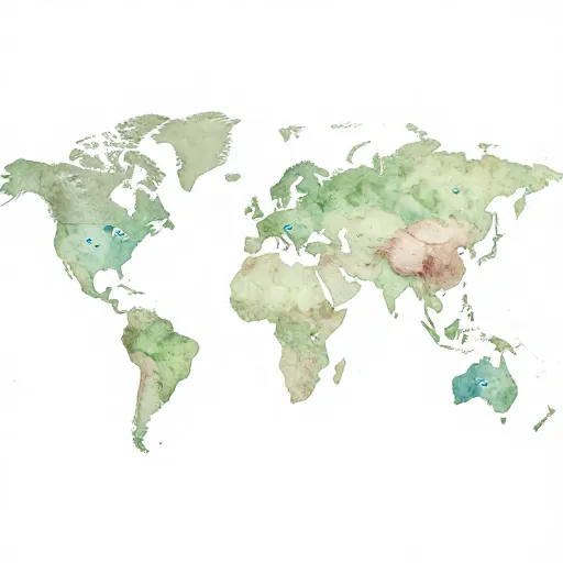 A world map decorated with icons representing flood stories.