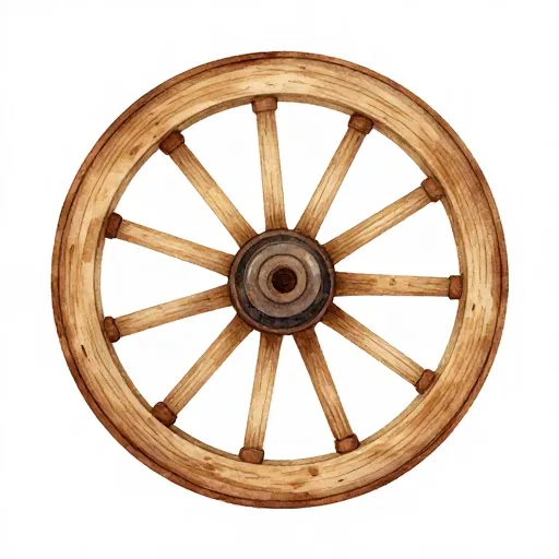Dessin d'une ancienne roue en bois légèrement cassée.