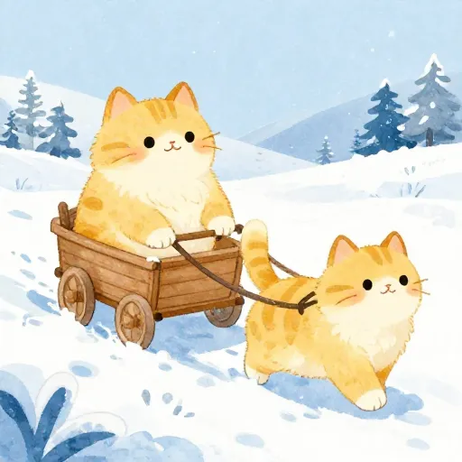 Two large cats pulling a chariot in the snow.