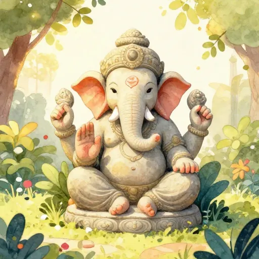 A stone statue of Ganesha in a sunlit garden