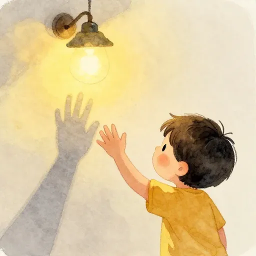 A child exploring shadows with a lamp.