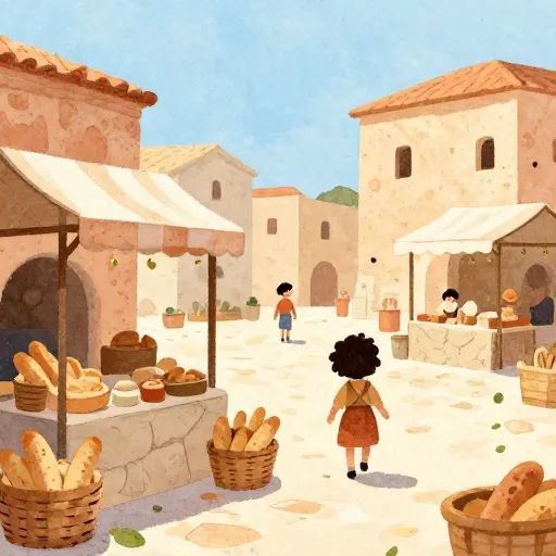 A sunlit Roman market with stone stalls and fresh bread.
