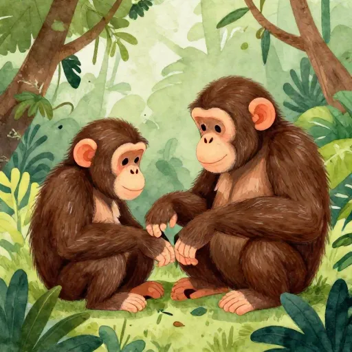 Two chimpanzees showing kindness to each other in the jungle.