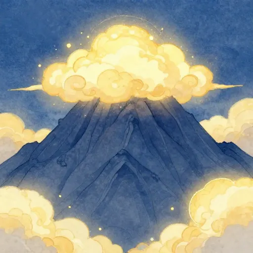 A mountain with its top covered in glowing golden clouds.