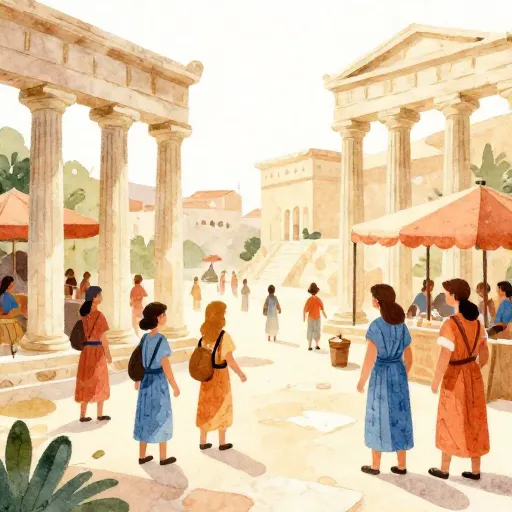 An ancient Greek marketplace with people gathered around a storyteller.