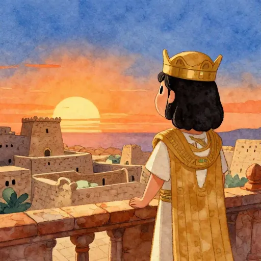 An ancient king looking out over a city at sunset.